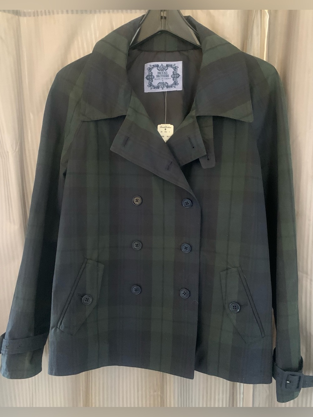 Brooks Brothers Blackwatch Plaid Double-Breasted Pea Coat - Green & Navy